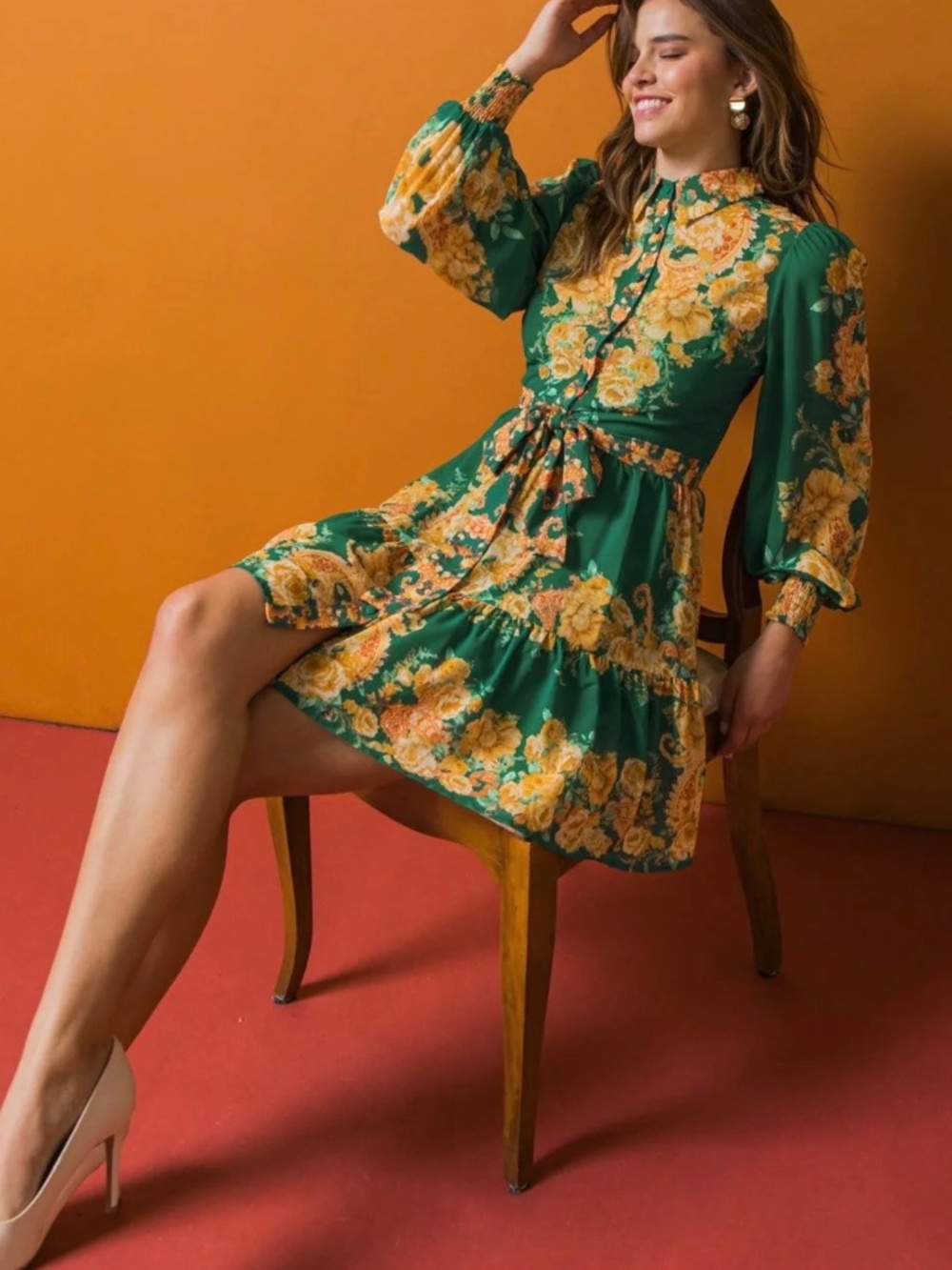 Flying Tomato Green Floral Tie-Waist Long Sleeve Mini Shirtdress Size M - Picture 16 of 16